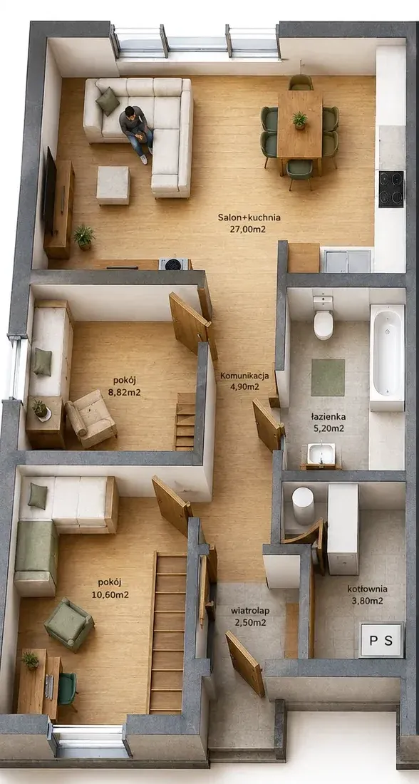 Rzut 3D parteru domu w zabudowie bliźniaczej