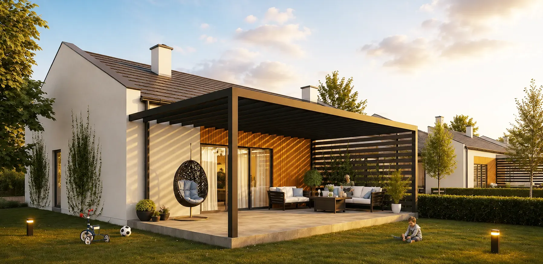Wizualizacja tarasu i ogródka domu w zabudowie bliźniaczej